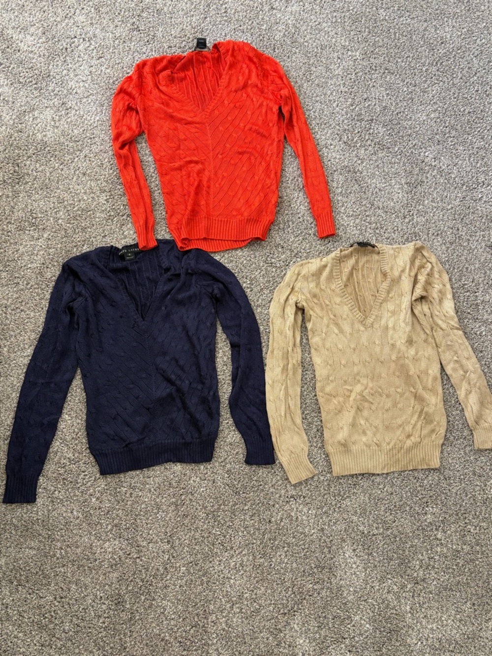 Ralph Lauren Silk Cable Knit V-Neck Sweater Trio - Red, Navy, Tan